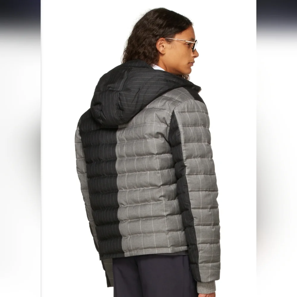 Thom Browne Black & Grey Down Wool Suiting Pinstripe Ski Jacket Size 3